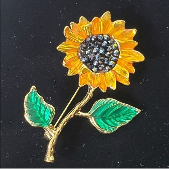 SUNFLOWER Enameled & Embellished Brooch Pin - Picture 1 of 6